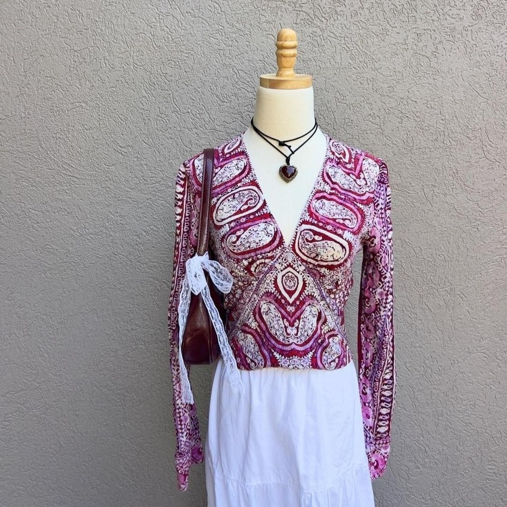 Free People Wild & Free Purple Paisley Cropped Top Blouse Size XS Boho